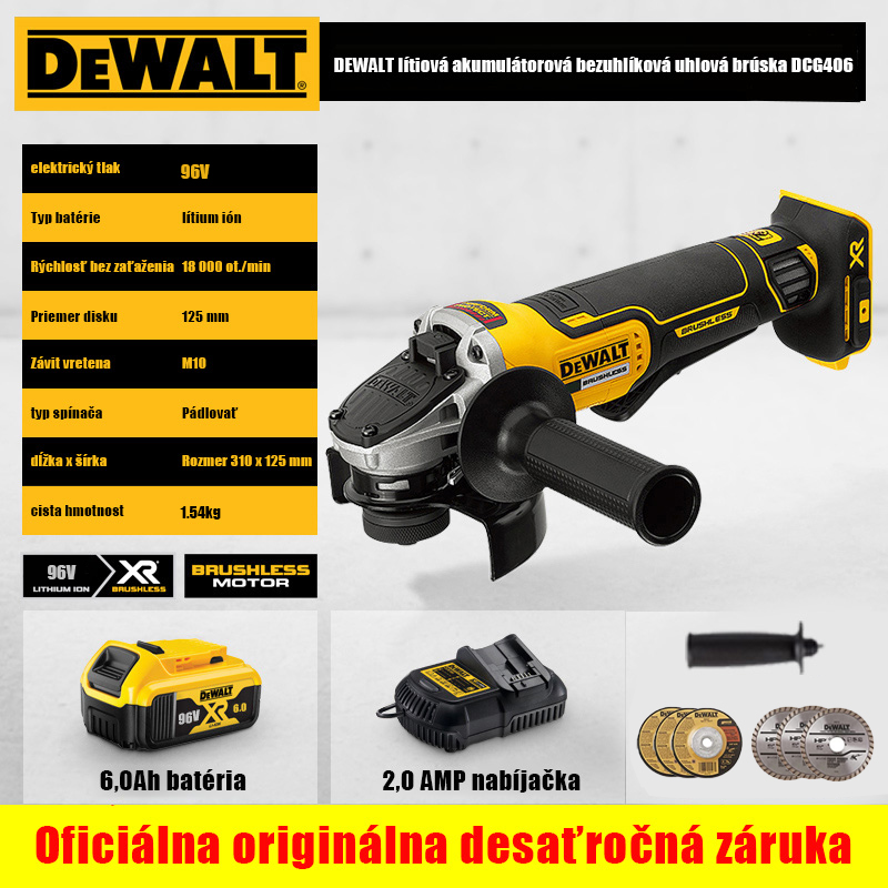 96V 1800W úhlová bruska Dewalt + lithiová baterie + 18AMP nabíječka