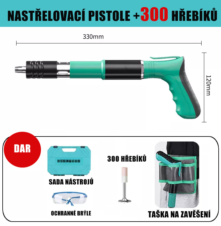 Nastřelovací pistole + 300 hřebíků + skříňka na nářadí + závěsná taška + ochranné brýle