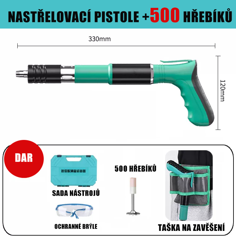 Nastřelovací pistole + 500 hřebíků + skříňka na nářadí + závěsná taška + ochranné brýle