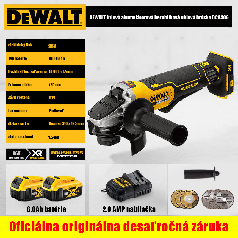 96V 1800W úhlová bruska Dewalt + 2*lithiová baterie + 18AMP nabíječka